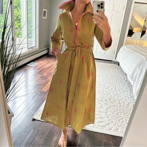 NWT Beau & Ro dark olive green + pink floral knit button down belted dress XA